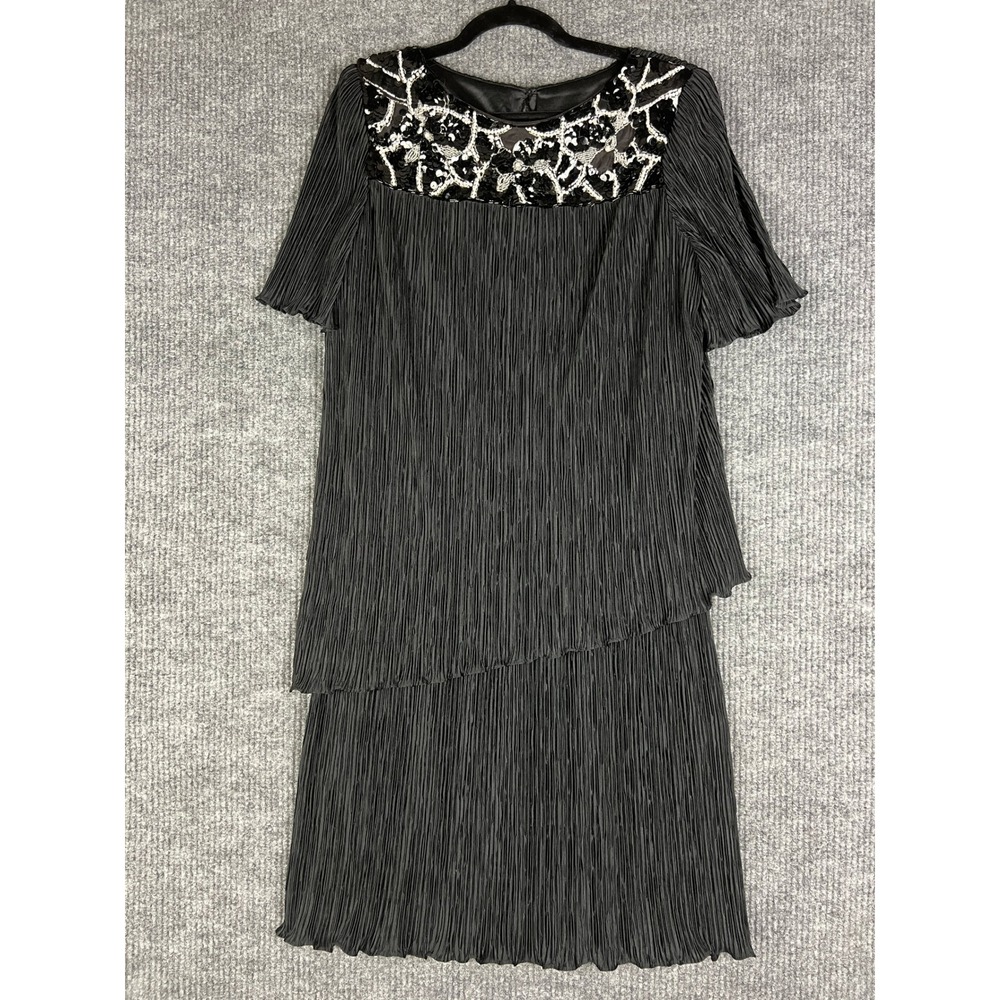 90s Black Sequin Beaded Dress 14P Gothic Glam Cocktail Evening Party Pleated